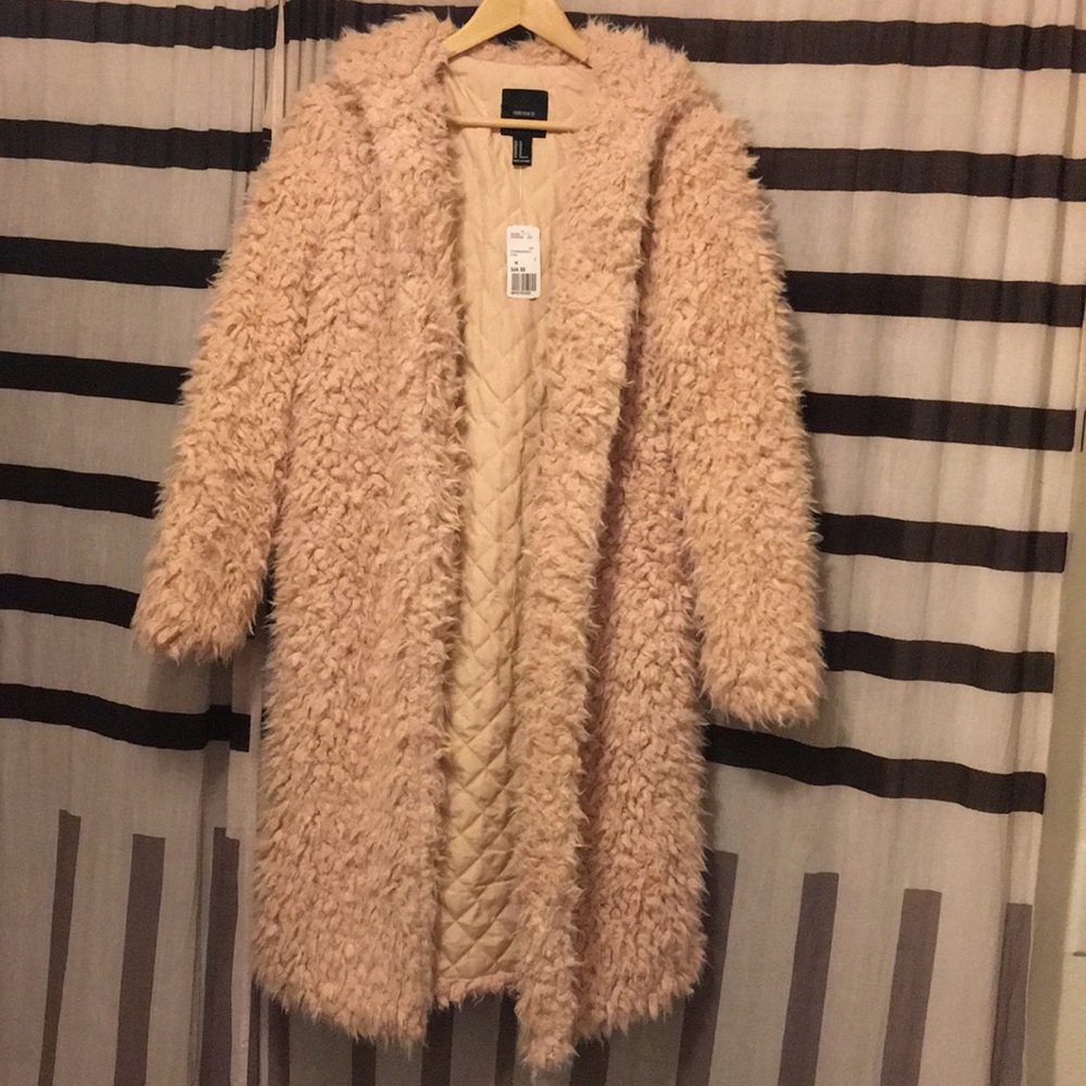 Forever 21 fuzzy furry pink hooded jacket sz m